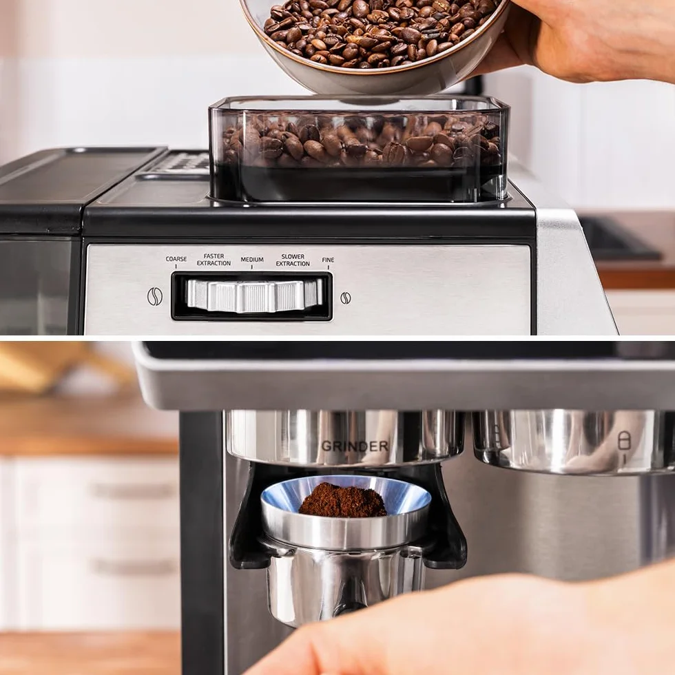 Cecotec Ekspres do kawy Barista Power Espresso 20 Barista Grind & Latte. 1350W, 20 barów, młynek stożkowy, 2,6 l zbiornik na wodę, 100g kawy i 500ml mleko, ekran dotykowy, samoczyszczenie, dostosowany
