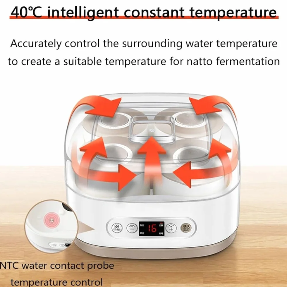 Elektryczna maszyna do fermentacji jogurtu Natto, inteligentna maszyna do fermentacji Natto o pojemności 1,5 l z 4 pojemnikami ceramicznymi, wysoka temperatura i inteligentne sterowanie panelem, do