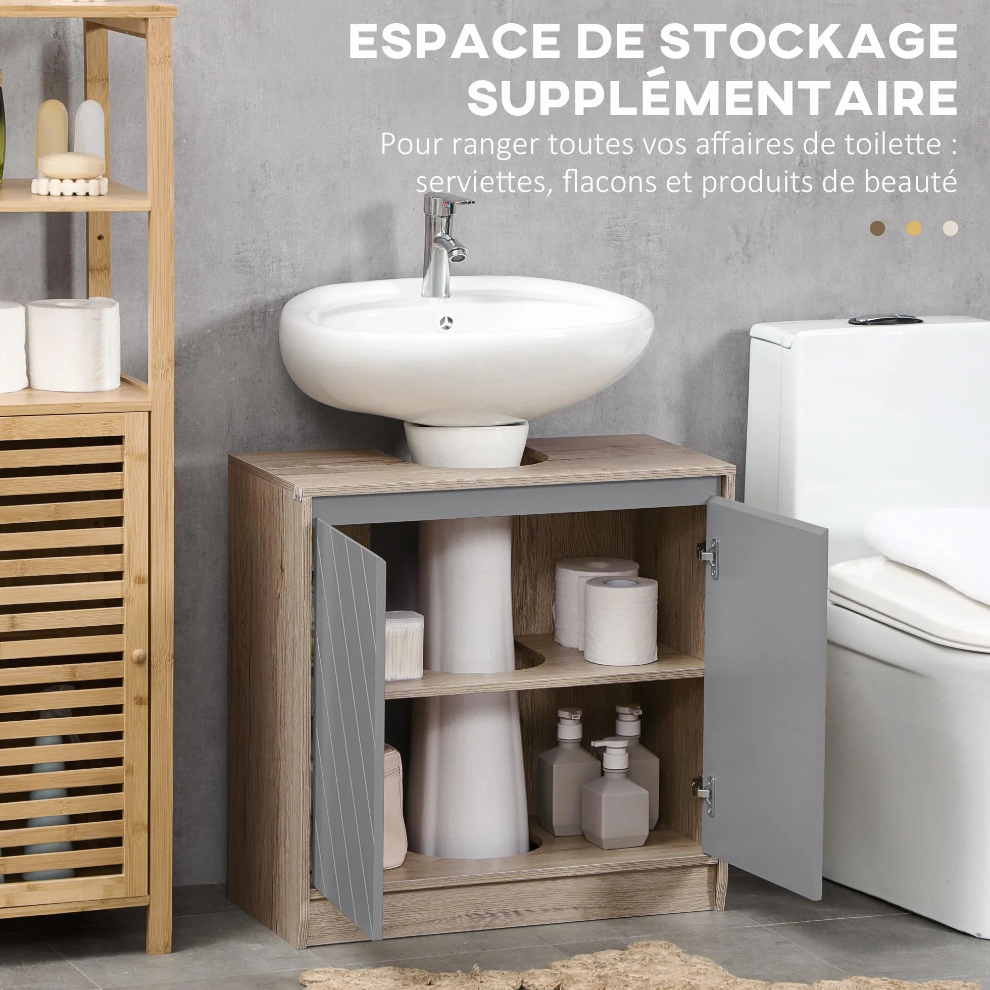 HOMCOM Szafka łazienkowa pod umywalką - Szafka pod umywalkę - 2-drzwiowa szafka z półką - N. 60L x 30 l x 59,8H cm - Płyta wiórowa jasny dąb szary