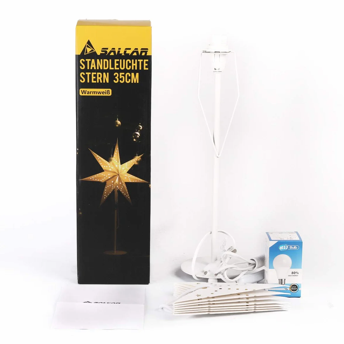 SALCAR Gwiazda bożonarodzeniowa i adwentowa LED, podświetlana na okno, 35 cm, papierowa, z żarówką E14, świecąca gwiazda 3D, stojąca, z podstawą z żelaza, biała