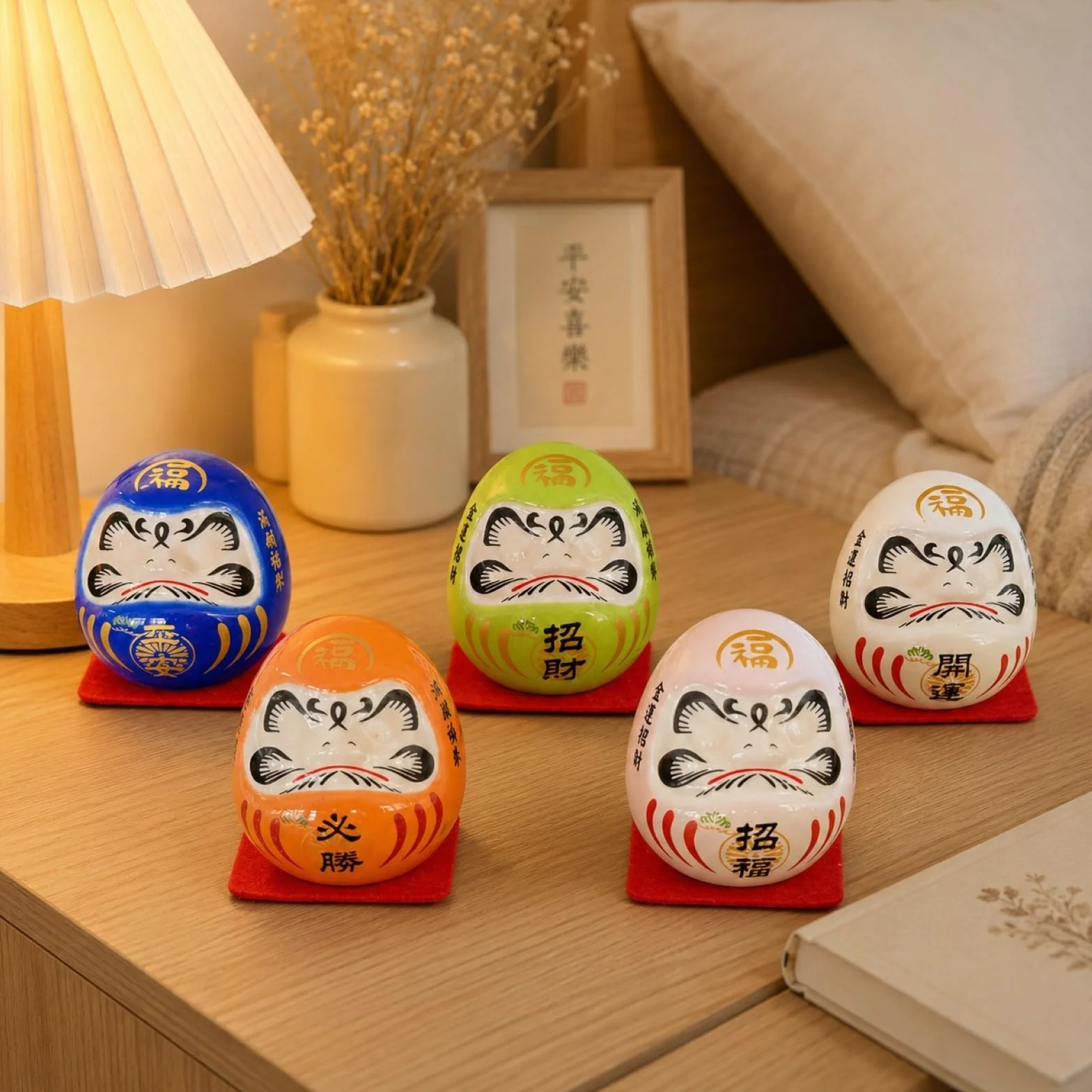 LOGOFUN 5 szt. mała figurka Daruma japońska lalka Daruma zestaw ceramiczna statuetka szczęścia Daruma do wnętrz domu samochodu dekoracja biurka - bez oczu 4,5 cm