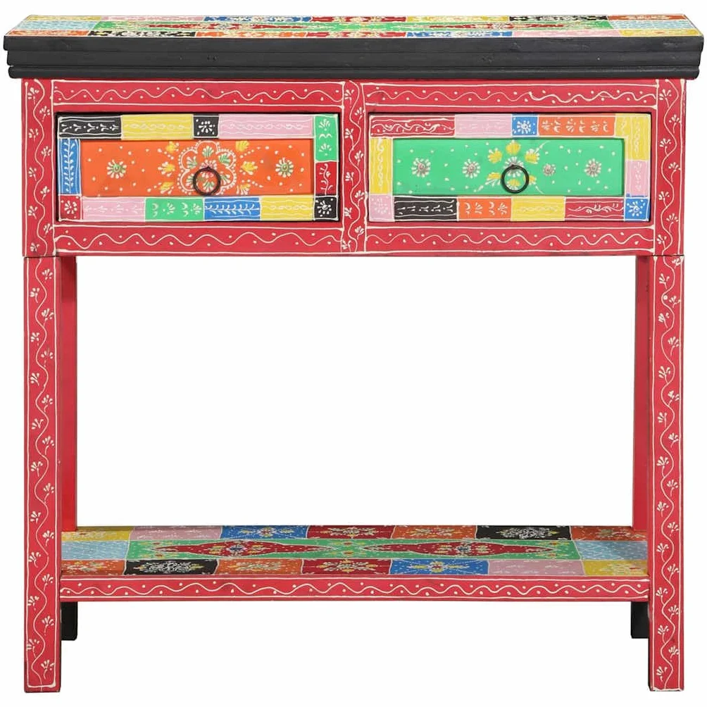 Hothingwell Wielokolorowa konsola boho 80 cm, z litego drewna akacjowego i drewna inżynieryjnego, kolorowy design do salonu lub sypialni, przestronny blat i solidna konstrukcja, przechowywanie