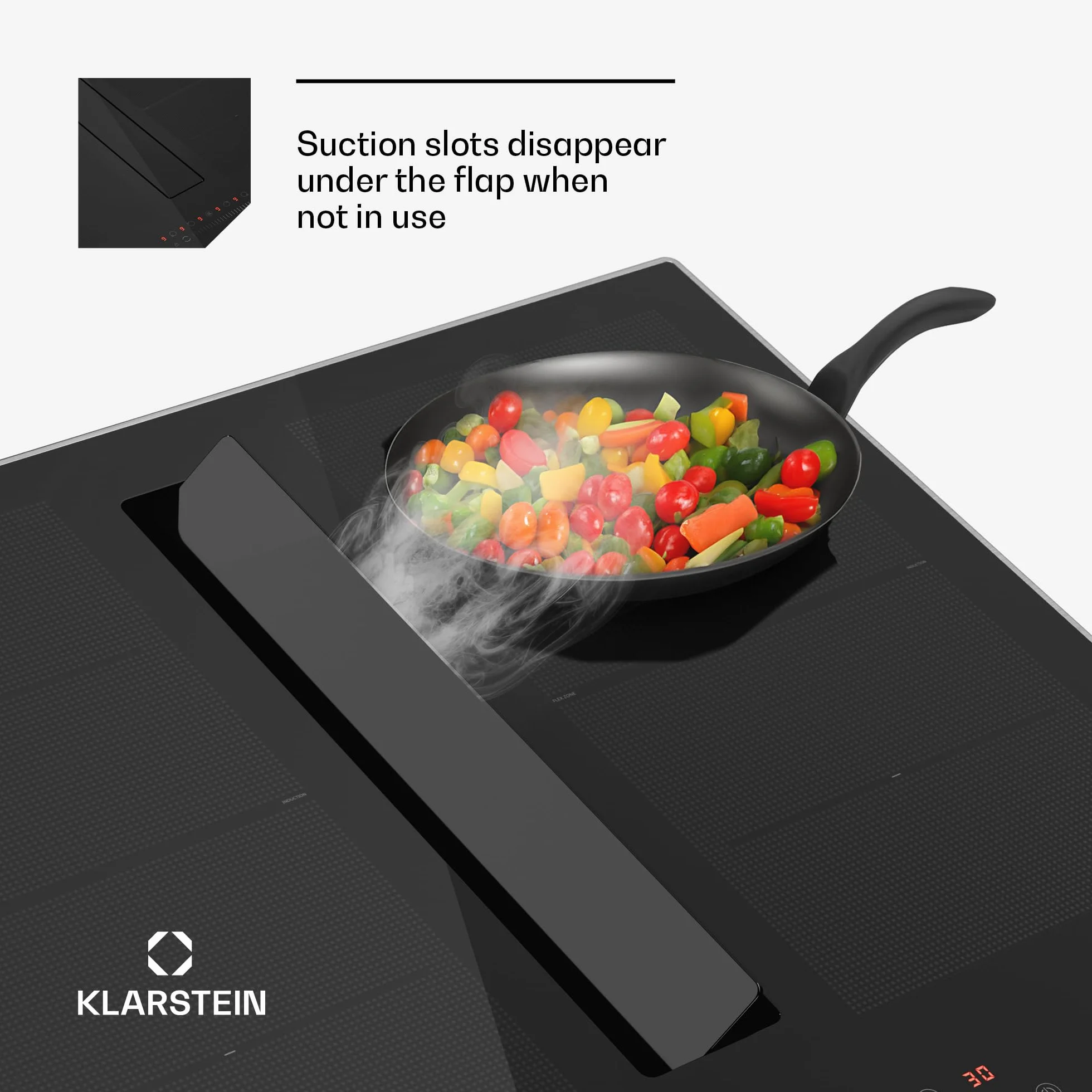 Klarstein Chef-Fusion Płyta indukcyjna z okapem - 7200 W, Przepływ 590 m³/h, Strefa Flex i Boost, Klasa energetyczna A, Powierzchnia szklana, Oszczędność miejsca, Blokada rodzicielska, Czarna
