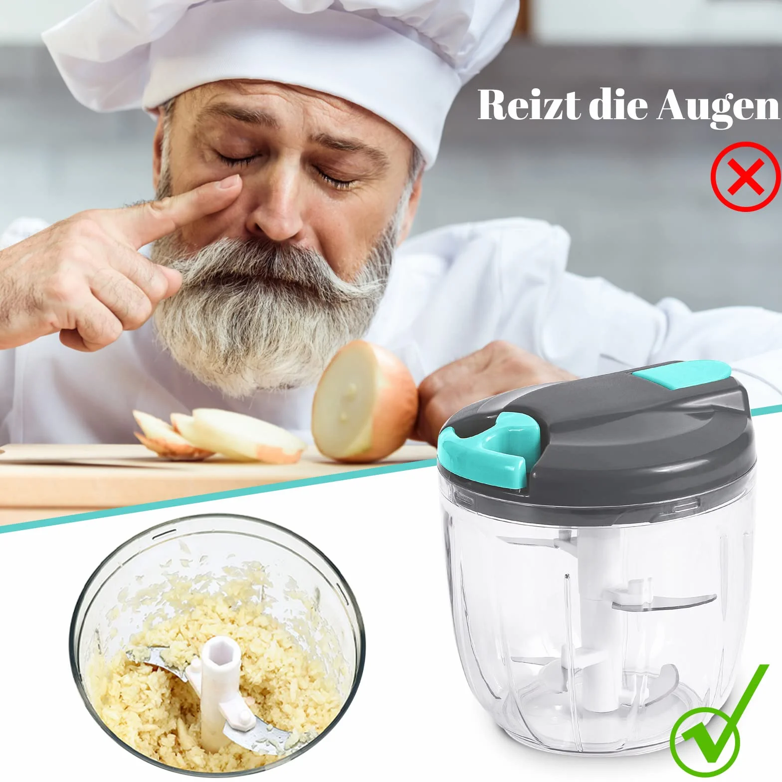Gucass Ręczna szatkownica do cebuli, 900 ml, rozdrabniacz do cebuli, warzyw, ręczna rozdrabniarka do warzyw, cebuli, czosnku, imbiru, orzechów, szaro-niebieska