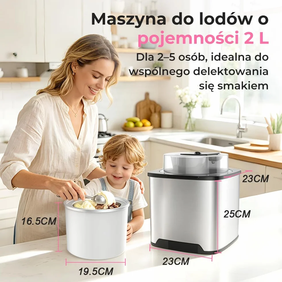Maszyna do Lodów Miękkich 2L, Stal Nierdzewna z Pokrywką, Zawiera Książkę Kucharską i łyżkę do Lodów, do Przygotowywania Lodów, Mrożonego Jogurtu i Sorbetu