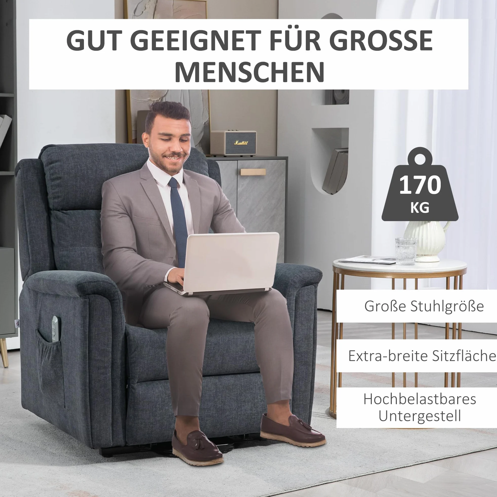 HOMCOM Elektryczny fotel telewizyjny z funkcją wspomagania wstawania, leżenia, 2 silniki, pilot, szary