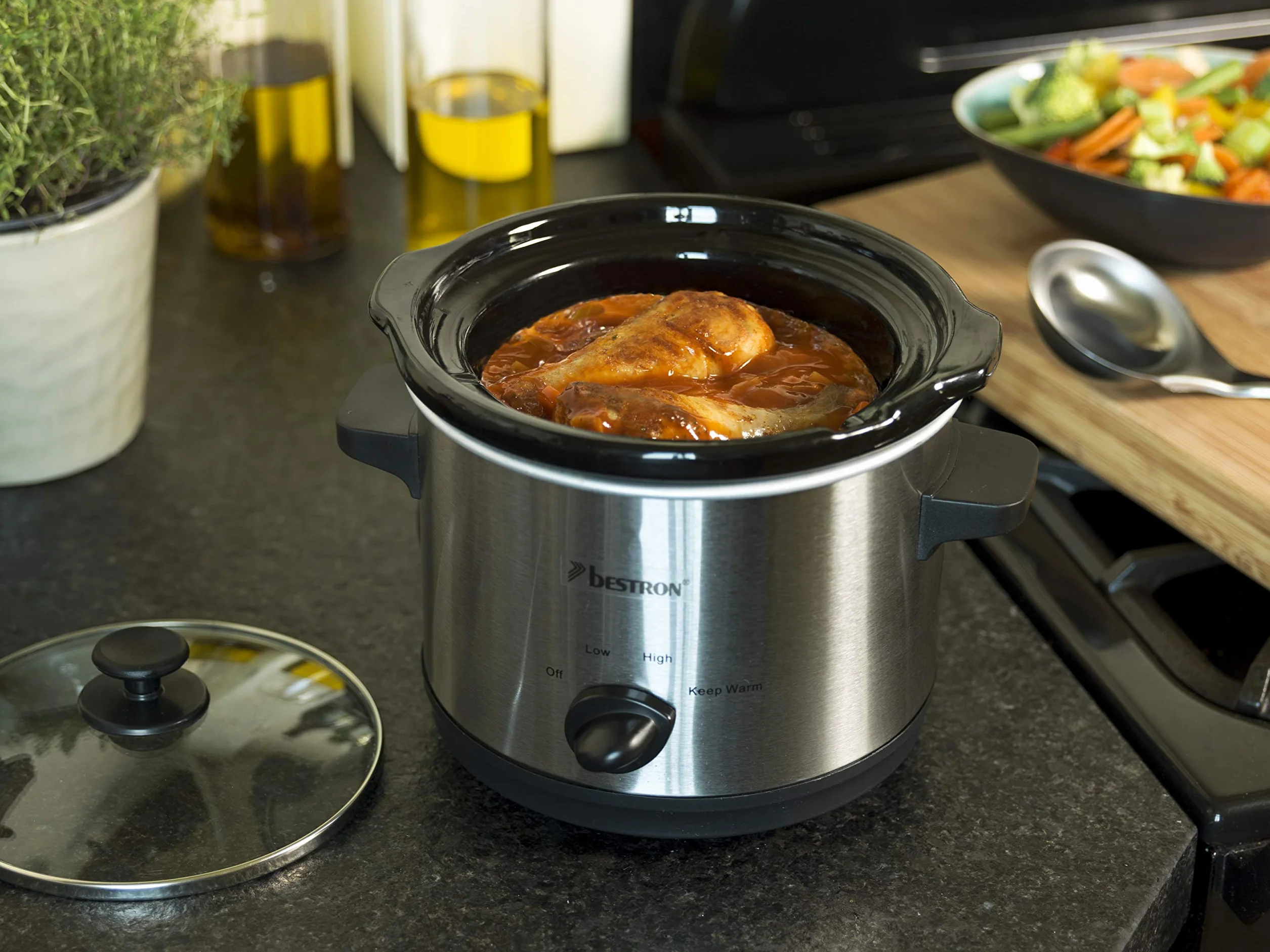 Bestron Slowcooker 1,5 L dla 2 osób, wolnowar z ceramiczną patelnią i szklaną pokrywką, 3-stopniowy termostat, srebrny