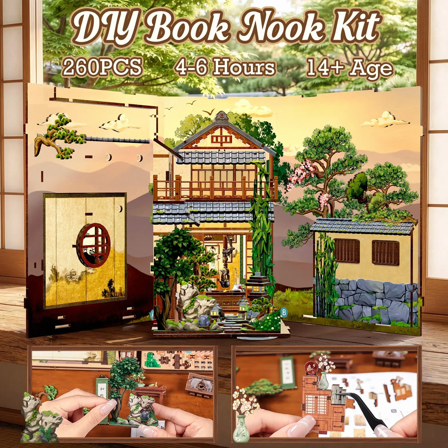 Cutefun Japoński zakątek książki, spokojny dziedziniec | Zestaw miniaturowy DIY dla dorosłych, Japonia 3D drewniane puzzle rękodzieło prezent dla kobiet