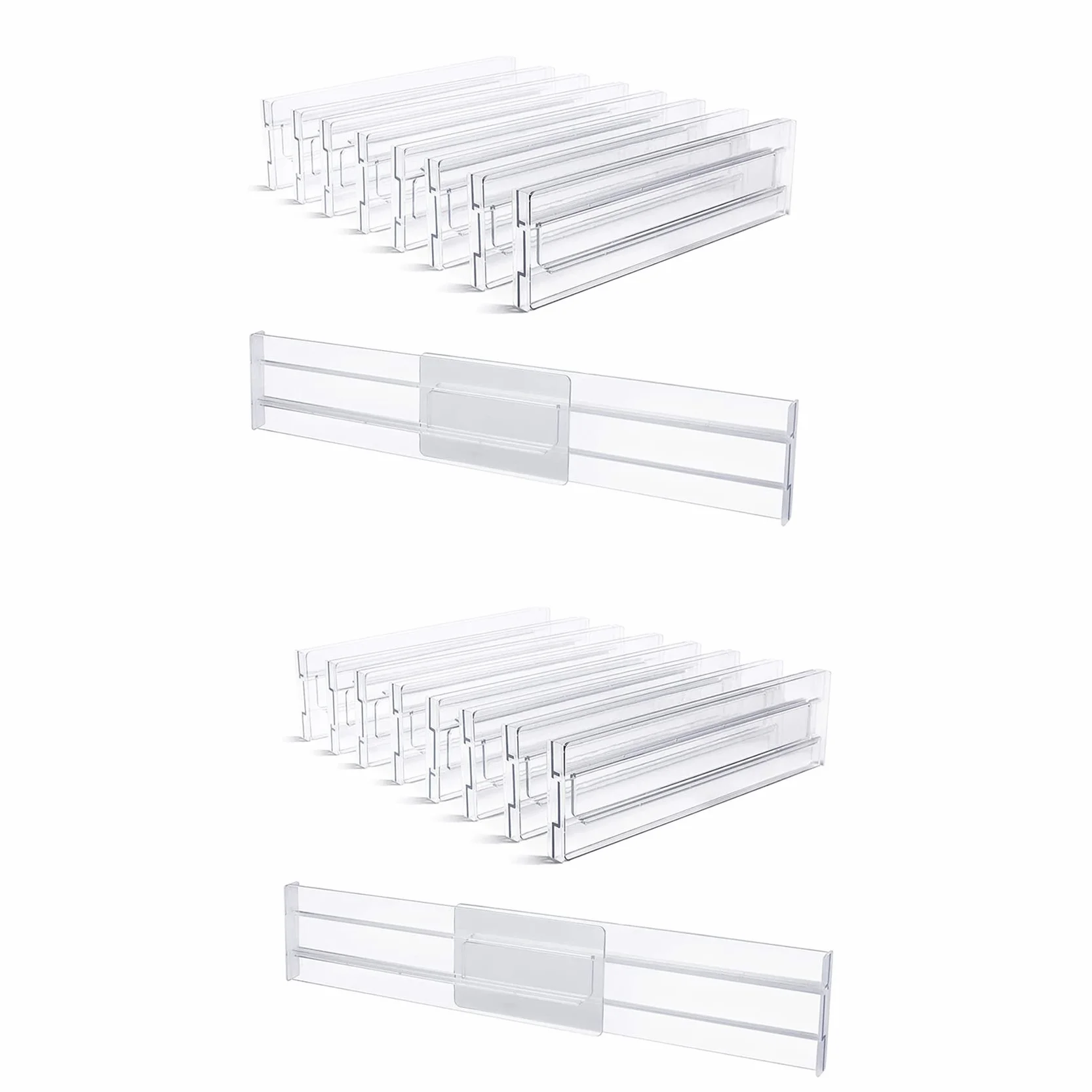Przegródki do szuflad, 16 sztuk, regulowane 8 cm wysokości, możliwość rozszerzenia od 25-50 cm, organizer do szuflad kuchennych, przezroczysty plastik