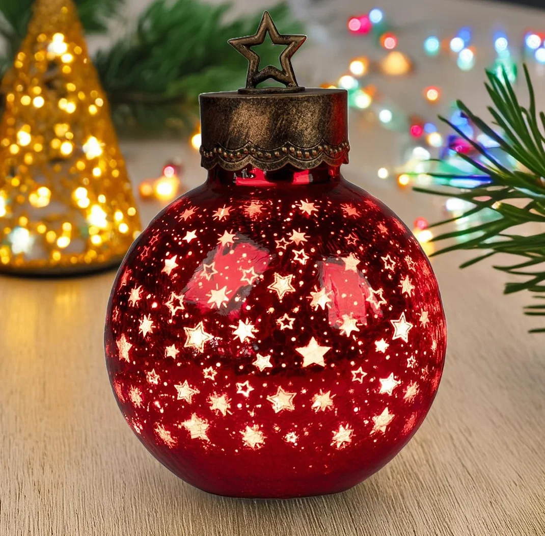 Formano XXL LED Dekoracyjna kula 35 cm Gwiazdy Czerwone Szklana kula Timer 6h/18h podświetlana zasilana bateriami