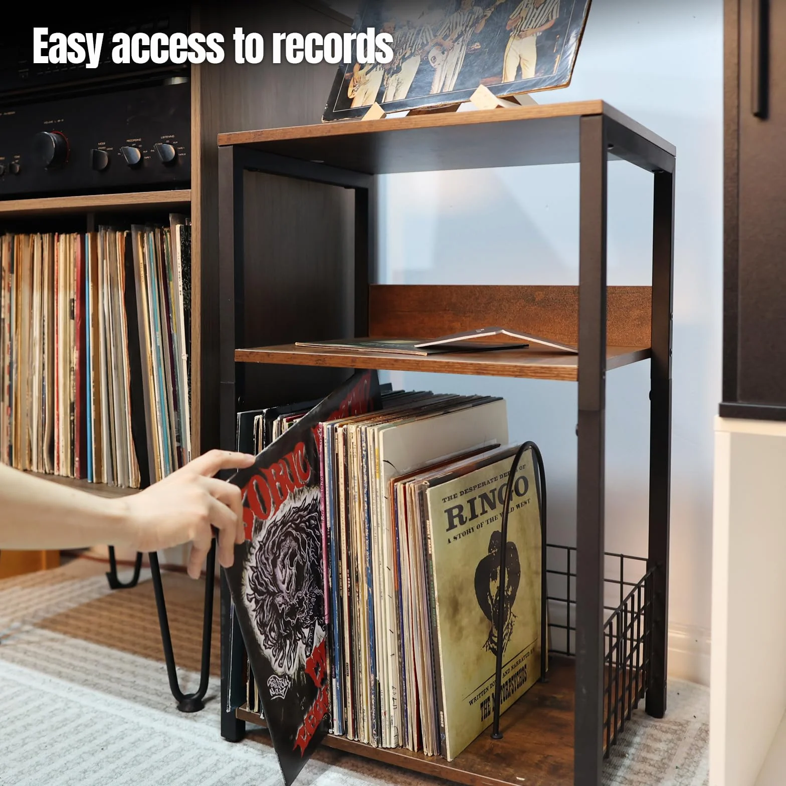 MayRecords Stojak na gramofon, stolik pomocniczy z 3-poziomowym uchwytem na płyty winylowe, metalowy stolik pomocniczy, do przechowywania do 100 albumów, brązowy stojak na odtwarzacz do salonu