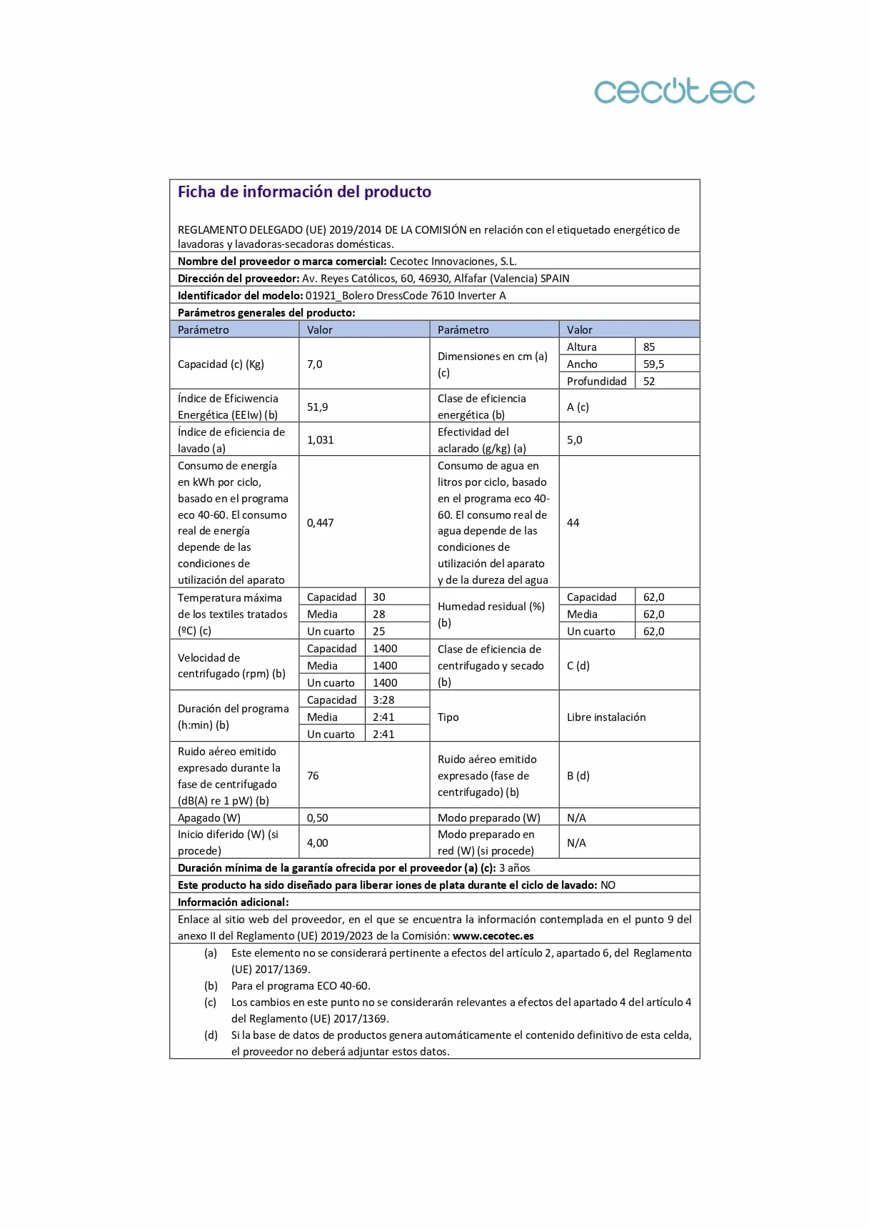 Cecotec Pralka ładowana od przodu 7 kg Bolero Dresscode 7610 Inverter A. Ładowanie przednie białe 7 kg pojemności, 1400 obr./min, klasa A, funkcja parowa, silnik inwerterowy Plus, 15 programów