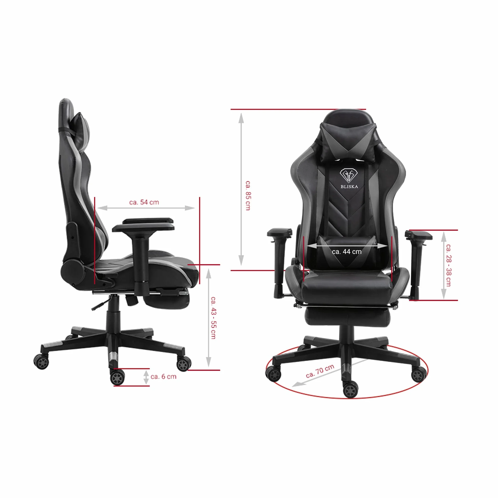 Fotel gamingowy z podnóżkiem i ergonomicznymi podłokietnikami 4D, ergonomiczne, sportowe siedzisko, krzesło dla graczy z regulowaną poduszką podpierającą plecy, krzesło biurowe, kolor: czarny