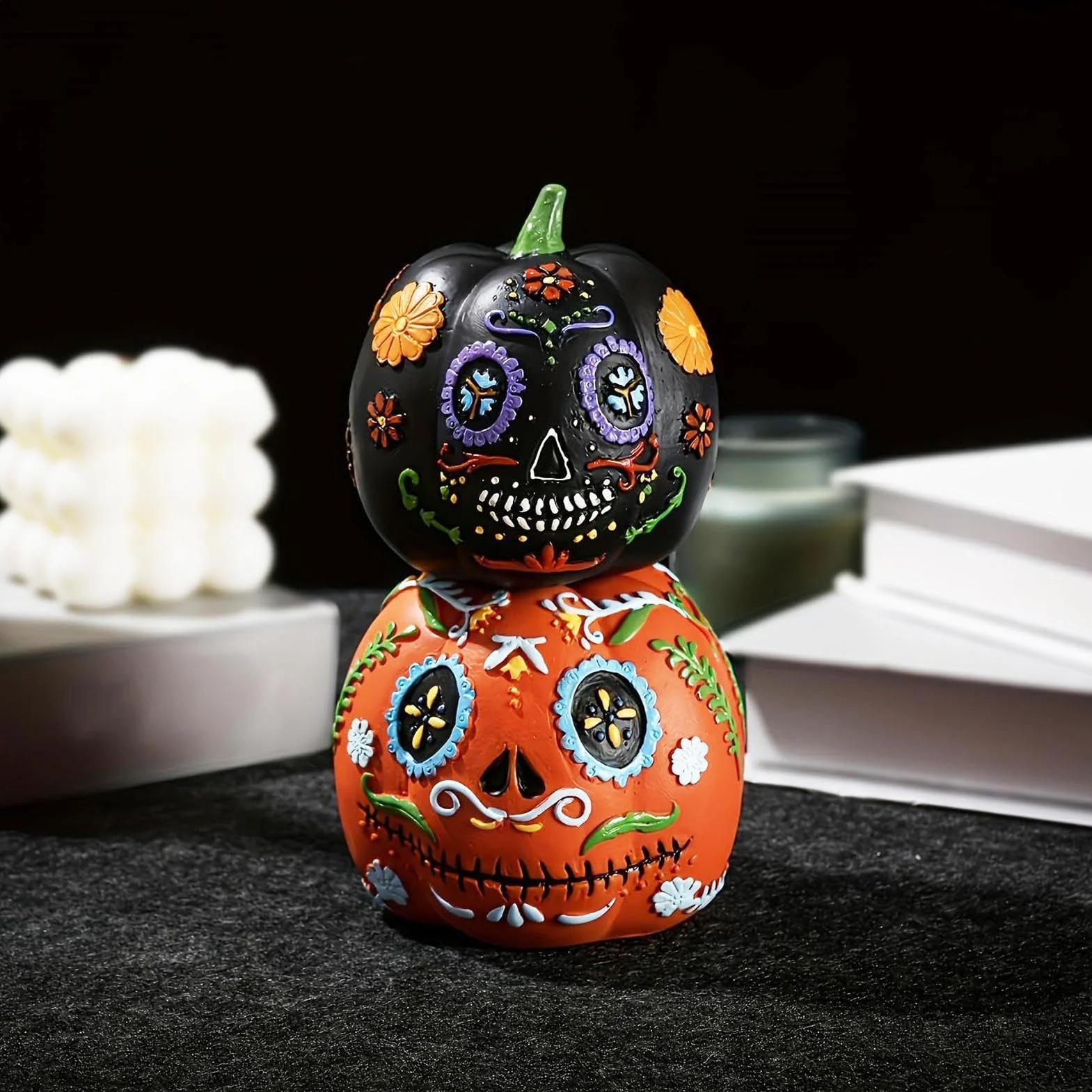 Zestaw dekoracji dyni, ozdoba z żywicy na Halloween, czteroczęściowa statuetka magnetyczna, świąteczna figurka do układania w stos, uroczy akcent świąteczny, dom korytarz biurko impreza sypialnia