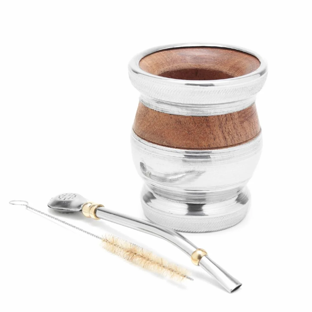 BALIBETOV Yerba Mate zestaw tykwy drewnianej – tradycyjny chleb świętojański i aluminiowy (kubek mate) z bombillą (słomka Yerba Mate) (drewno z aluminiową podstawą) (drewno karobowe z aluminiową