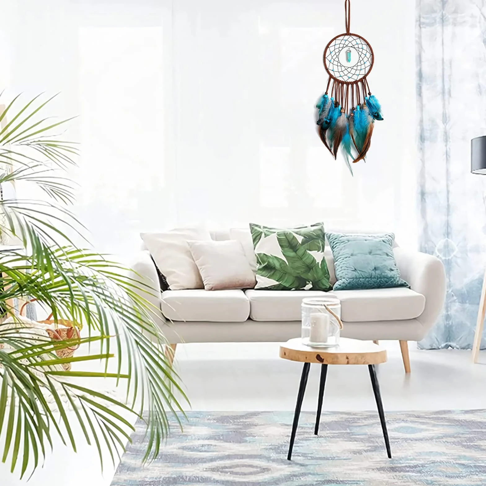 Dreamcatcher ręcznie robione, łapacz snów ozdoby dla dzieci indyjskie niebieskie pióra łapacze na ścianę sztuka i rzemiosło akcesoria domowe wisiorki