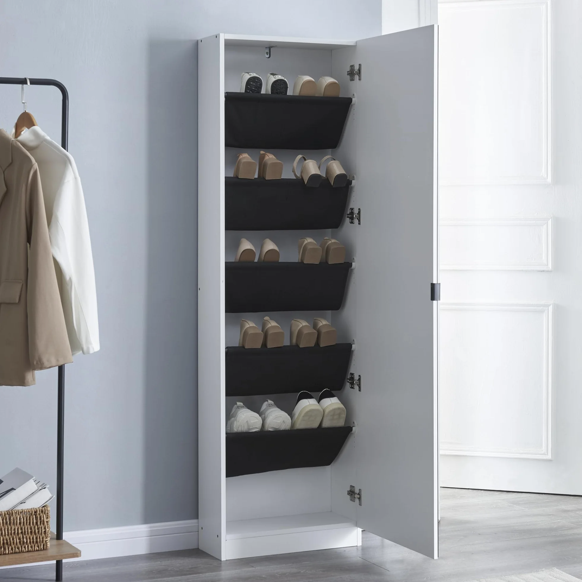 [en.casa] Szafka na buty Meura regał na buty z 5 kieszeniami na buty we wnętrzu szafy, półka na 10 par, wąska szafka z lustrem, wysokość 160 x 48 x 20 cm, biała