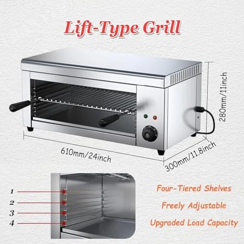 Komercyjny grill ścienny na pieczywo górskie, 2000 W, ze stali nierdzewnej, regulacja temperatury, zdejmowany talerz na tłuszcz do restauracji, topienia sera i steków