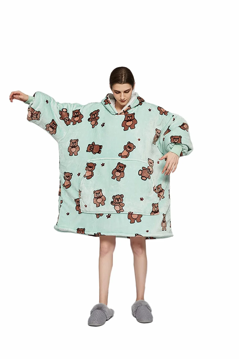Sacebeleu Koc z kapturem, pluszowy koc Sherpa z rękawami, oversize, sweter z kieszenią typu kangur, flanelowy koc polarowy, rozmiar uniwersalny dla kobiet, mężczyzn