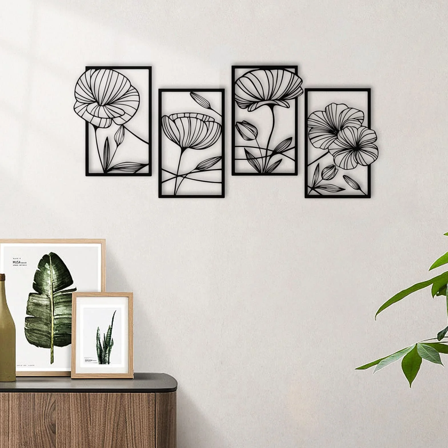 ESTART Dekoracja metalowa dekoracja ścienna z kwiatem lotosu, abstrakcyjna estetyczna sztuka łączenia linii, minimalistyczna wisząca rzeźba ścienna do salonu, sypialni, biura