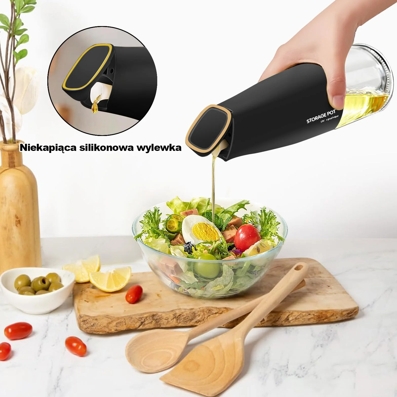 YARRAMATE Automatyczna butelka z dozownikiem oliwy z oliwek do kuchni, 500 ml, piękny szklany pojemnik na olej i ocet z nalewaczem, pojemnikiem na olej, dozownik sosu sojowego (czarna), etykiety