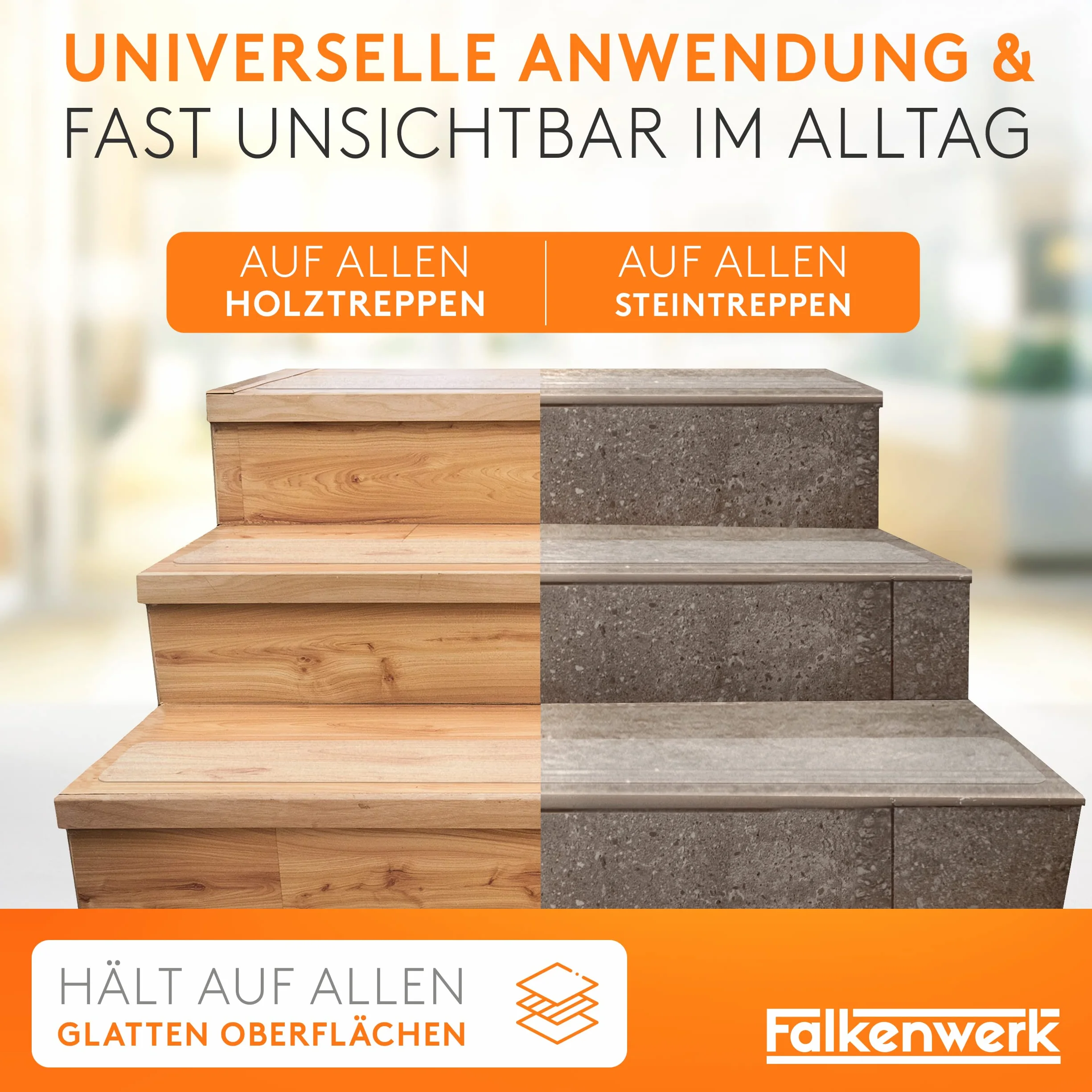 FALKENWERK Paski antypoślizgowe na schody [20 sztuk] – samoprzylepne i przezroczyste paski antypoślizgowe [10 x 60 cm] – wodoodporne, antypoślizgowe schody, z wałkiem szpachelki