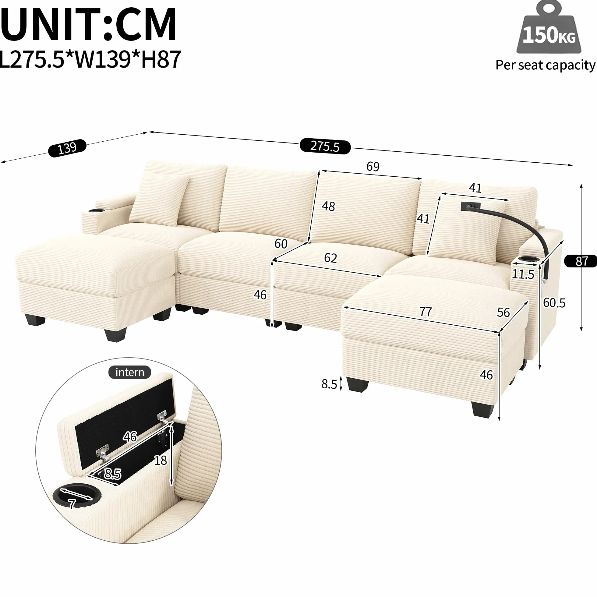 Zestaw wypoczynkowy w kształcie litery U z funkcją spania, modułowa sofa ze sztruksu, sofa narożna z uchwytem na telefon komórkowy, port ładowania USB, idealny do salonu, sypialni, beżowy