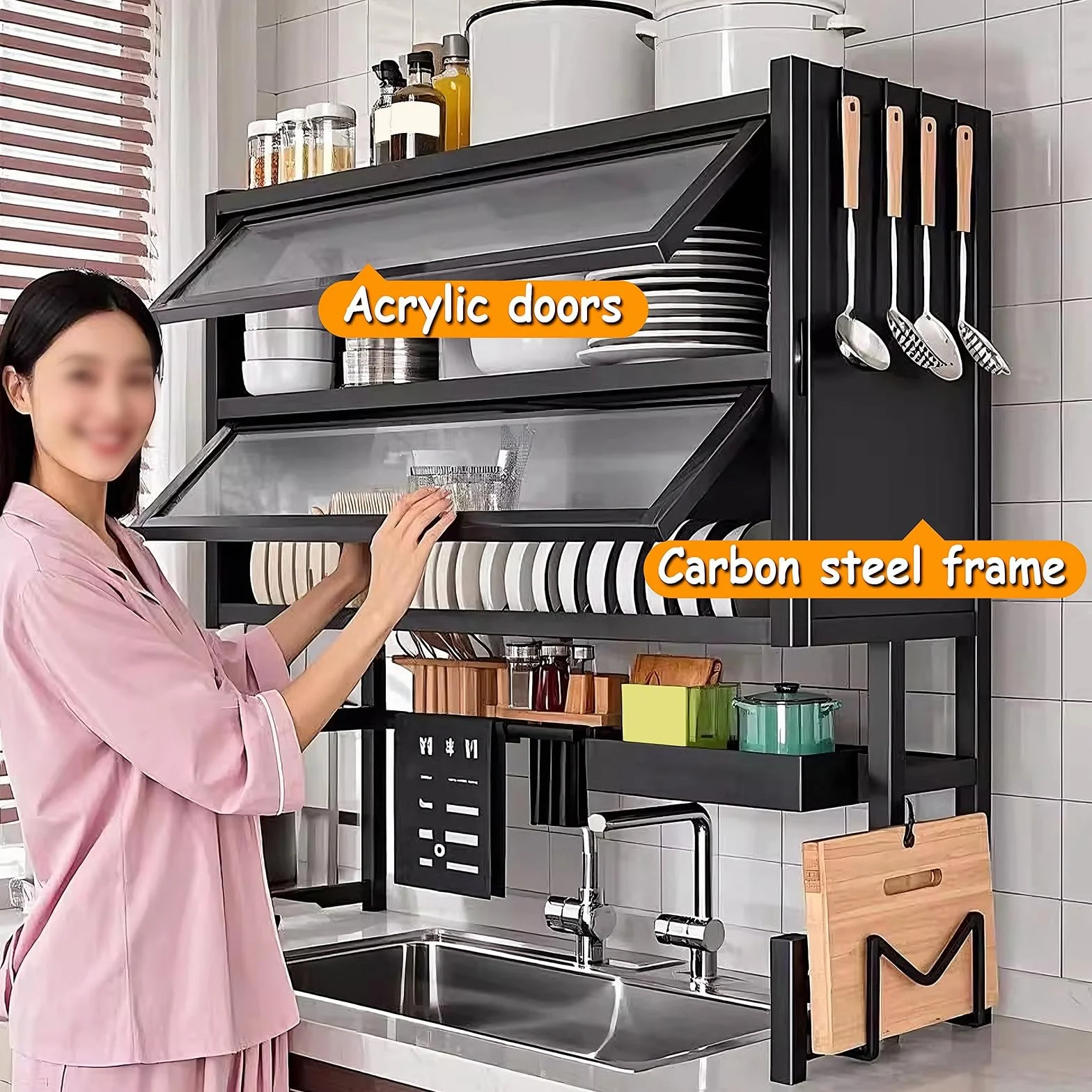3 Poziomy Suszarka do Naczyń do Zlewu z Akrylowymi Drzwiczkami i Przyssawkami Duża Ociekacz do Naczyń Stal Węglowa Organizer do Zlewu Kuchennego(Black,75 * 28 * 102cm)