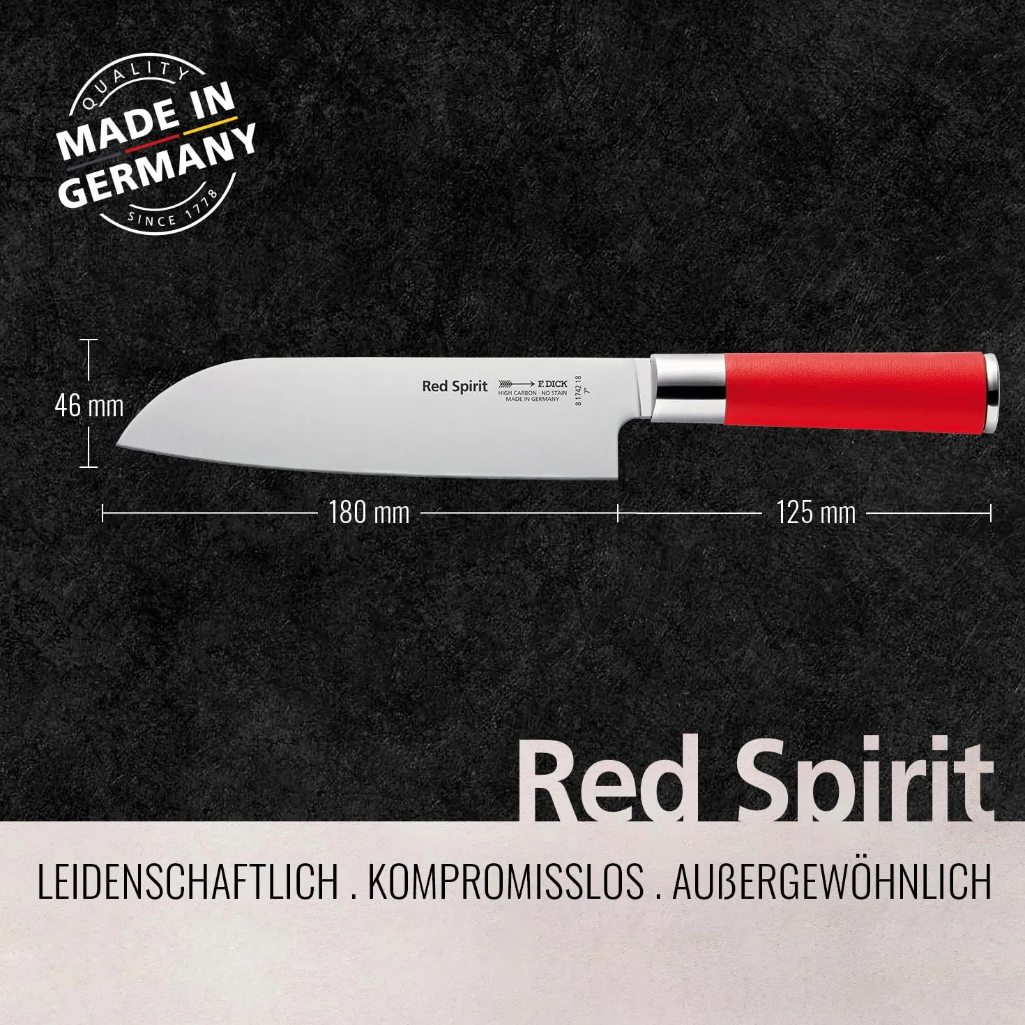 F. DICK Santoku, nóż kuchenny, Red Spirit (nóż z ostrzem 18 cm, stal X55CrMo14, nierdzewna, 56° HRC) 8174218