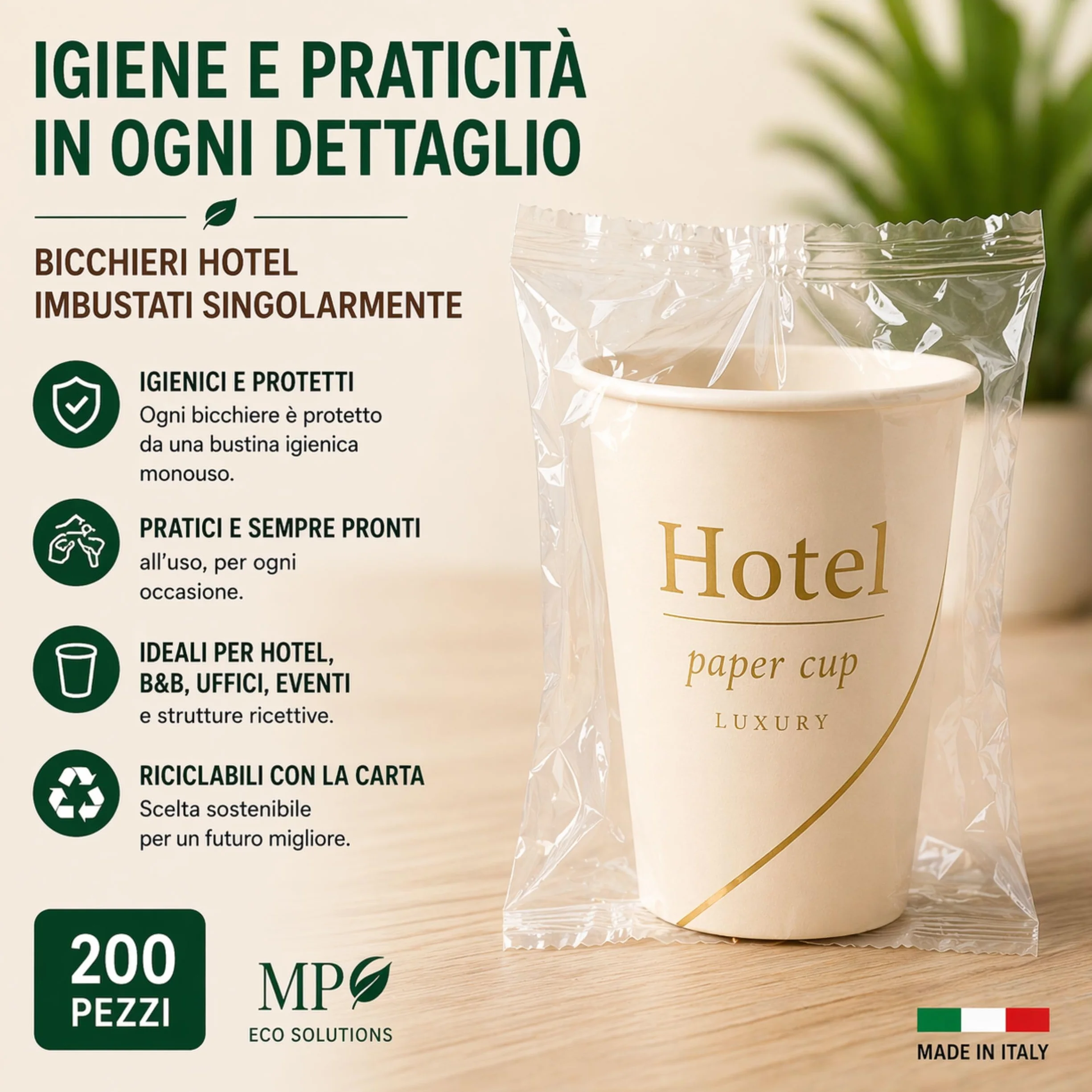 Generico Mecup Jednorazowe papierowe kubki pojedynczo pakowane jednorazowe kubki gorące i zimne napoje do hotelu lub b&b (200, HOTEL)