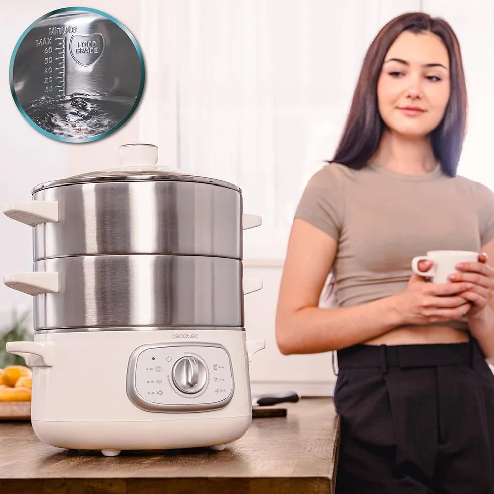 Cecotec Elektryczny parowar Vapovita Steelpot biały. Moc 1300 W, pojemnik ze stali nierdzewnej, 10 l, regulowany czas, automatyczne wyłączanie, łatwe czyszczenie, specjalna pokrywka, zdrowe gotowanie