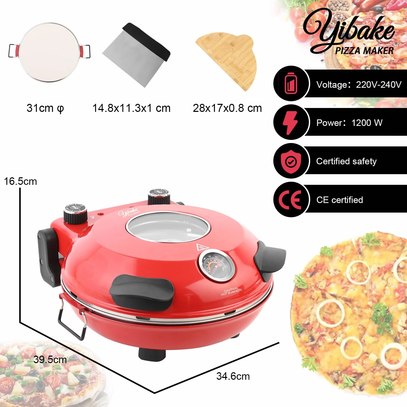 Elektryczny piec do pizzy 1200 W podwójna regulacja temperatury czerwony