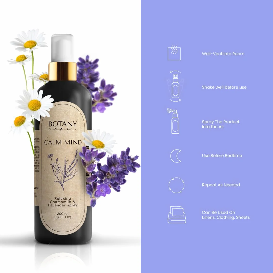Lawendowy spray do pomieszczeń zapewnia spokój i dobry sen. Naturalna mgiełka olejkowa do redukcji stresu i radzenia sobie z lękiem, spray do poduszki (200 ml, Camille & Lawenda)