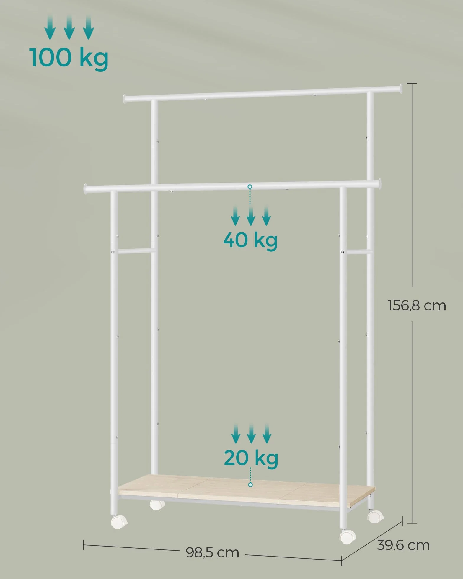 SONGMICS Wieszak na ubrania podwójny z półką 98,5 cm 100 kg stalowy naturalny beż chmurna biel HSR152W01
