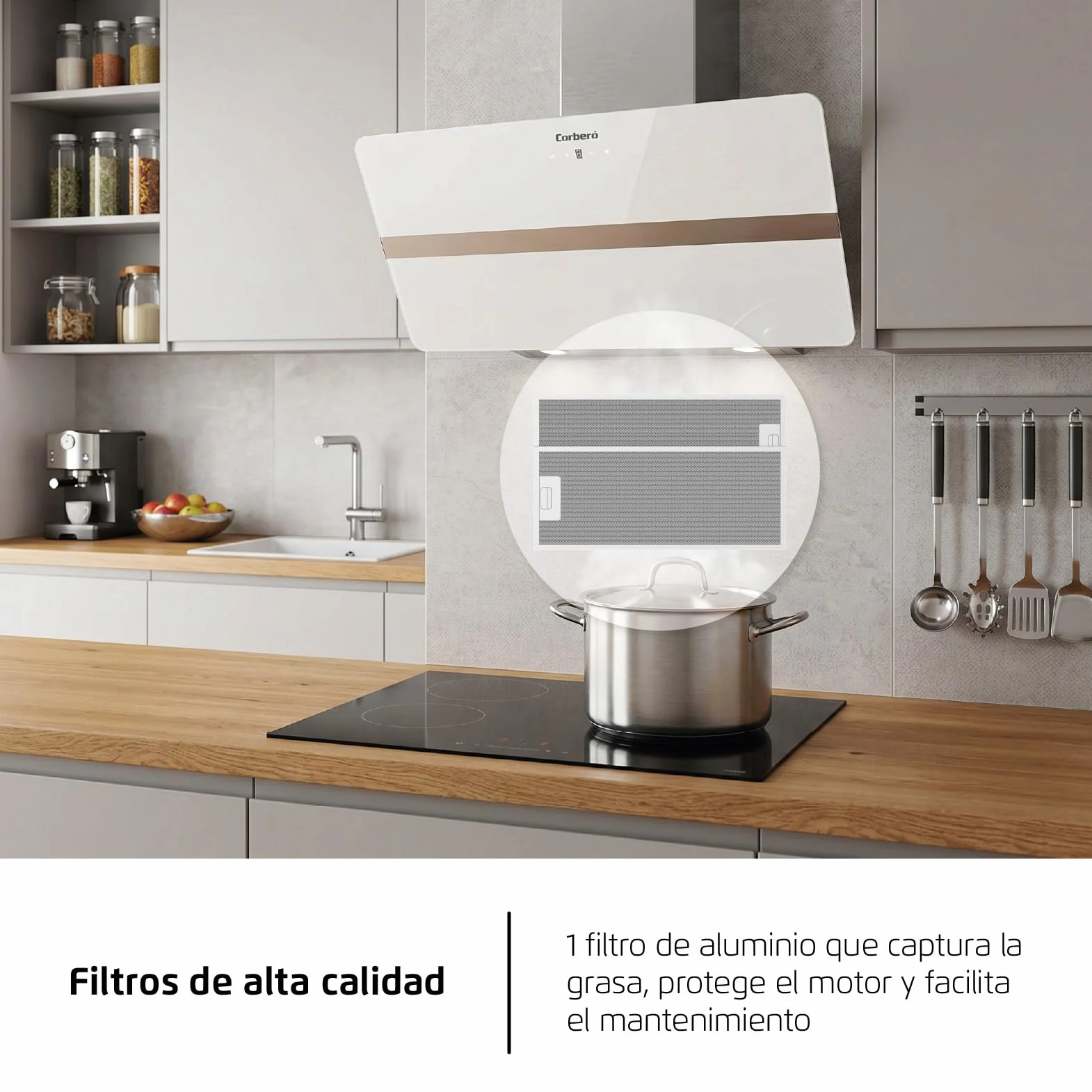 Corberó VicTORIA960W Dekoracyjny Dzwonek, 90 cm, 165 W, 3 prędkości, Control Touch, Przepływ 594,2 m3/h, kolor szkła hartowanego, 1 x filtr aluminiowy, filtr węglowy, energia A