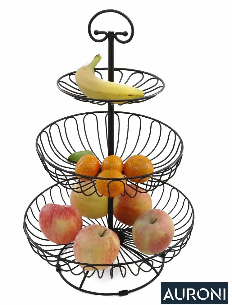 Filigranowa etażerka na owoce, 3-poziomowa, okrągła, średnica = 30 cm, wysokość 47 cm, kosz na owoce, miska na owoce, metalowa, czarno-matowa, dekoracyjna, zapewnia więcej miejsca na blacie