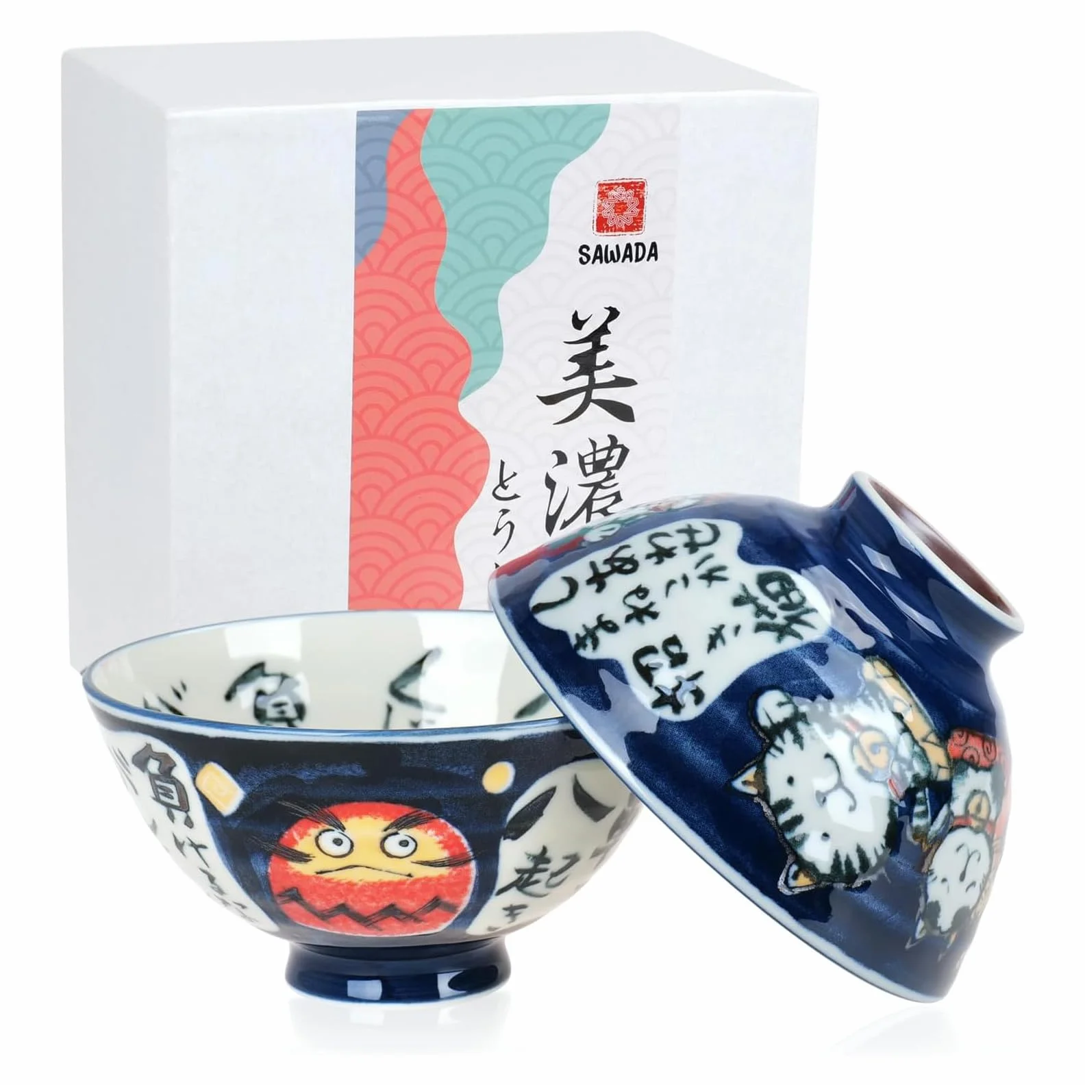 CoolChange Japońska miska na ryż Daruma i kot szczęścia | ręcznie malowana z porcelany | 2 szt. | miski ceramiczne | azjatyckie miseczki do jedzenia | 12 cm | nadaje się do kuchenki mikrofalowej i