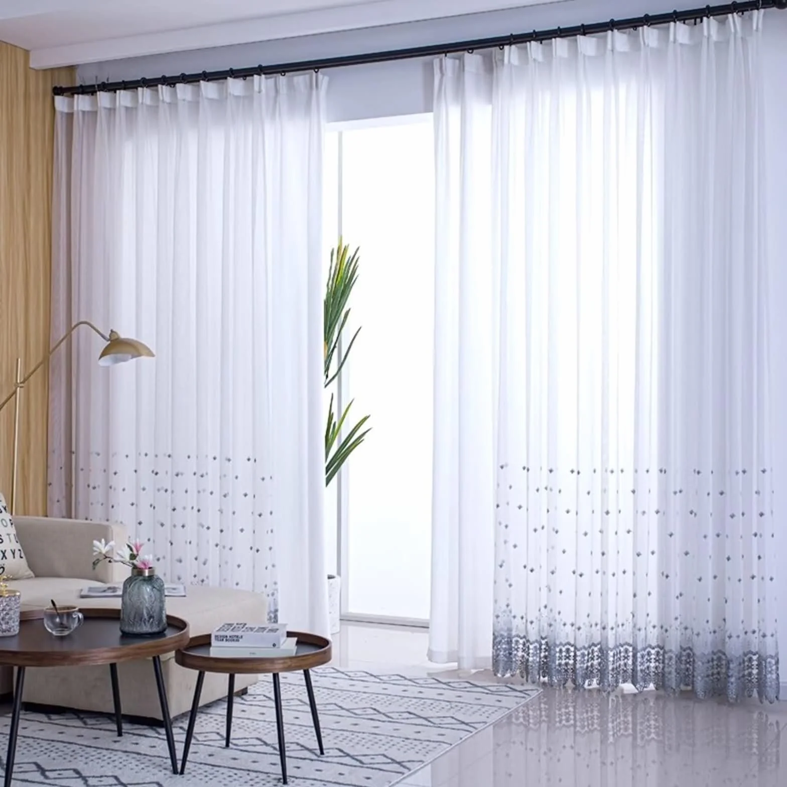 Czeska zasłona okienna, szara zasłona woalowa koronkowa haftowana mieszanka poliestru i bawełny 2 panele 132W x 183L cm