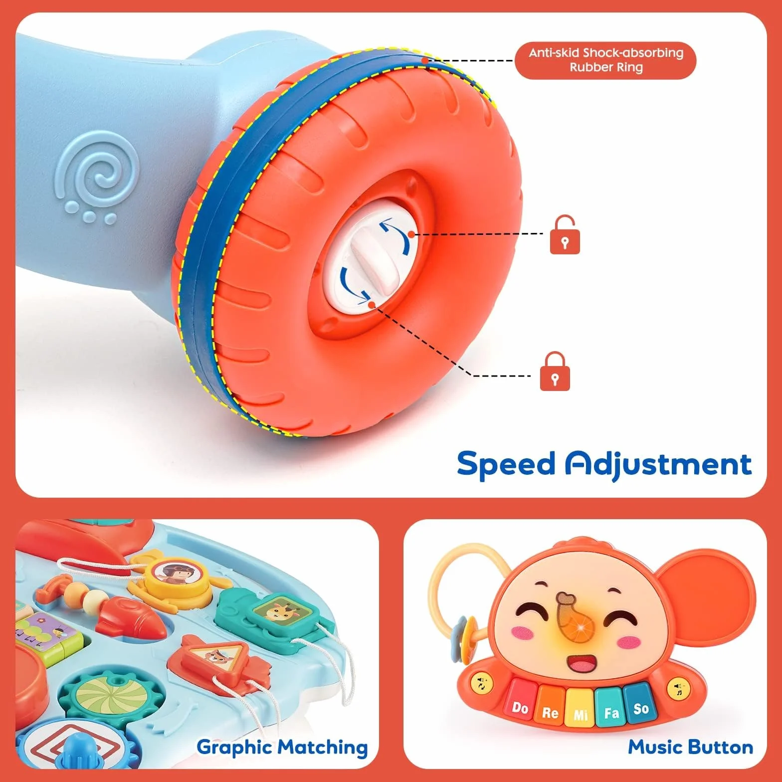 Pomoc w nauce chodzenia dla dzieci, 2 w 1, wózek do nauki chodzenia z zabawką i dźwiękami Montessori, muzyką i zdejmowaną planszą do gry, pomoc w chodzeniu z regulowaną prędkością, dla dzieci od 6
