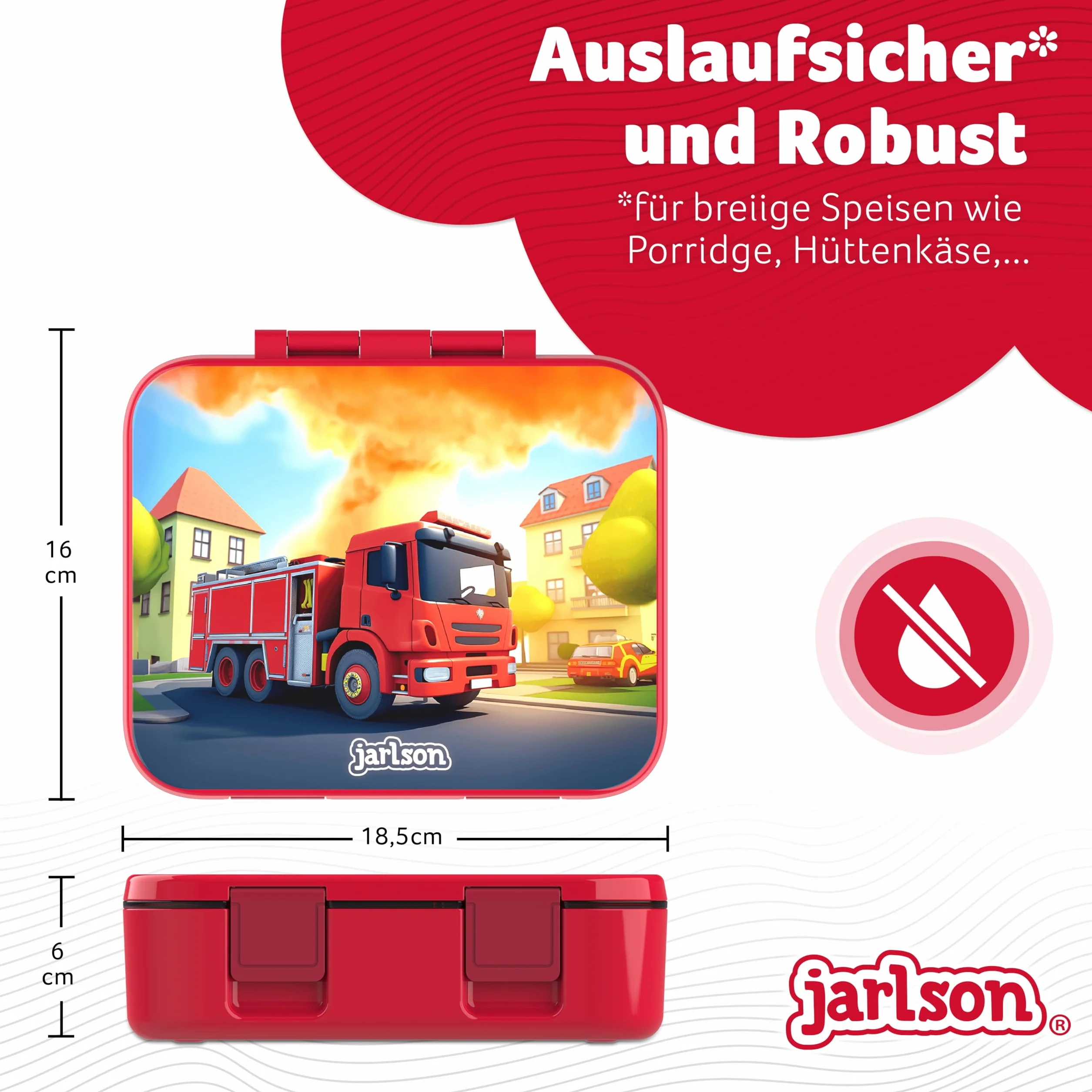 Jarlson® MILI pudełko śniadaniowe dla dzieci z przegródkami, nie zawiera BPA, szczelne, pudełko na przekąski, do przedszkola i szkoły, 1000 ml, lekkie (straż pożarna)
