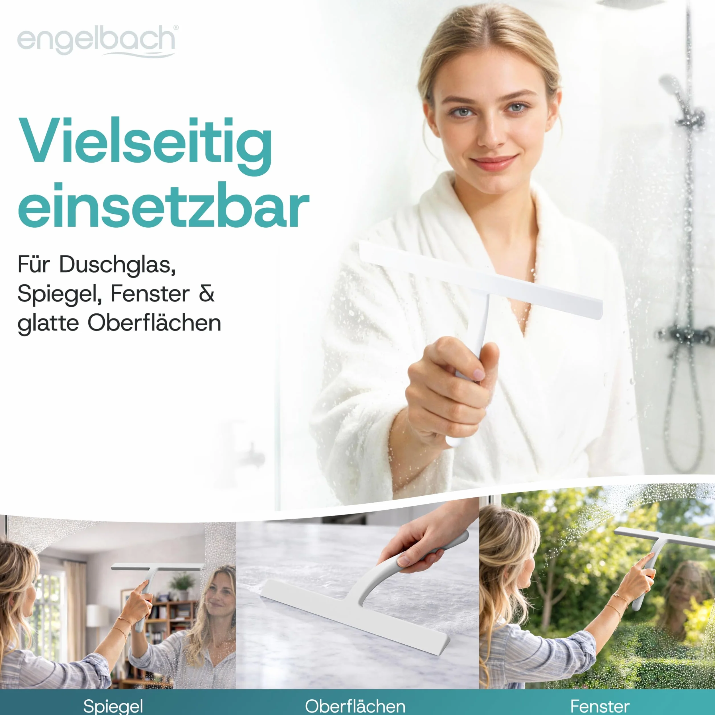 Engelbach® Ściągaczka do prysznica – bez smug i bez piszczenia – ergonomiczna ściągaczka z antypoślizgowym uchwytem – ściągaczka do okien, w zestawie 2 uchwyty, 21cm, Biały