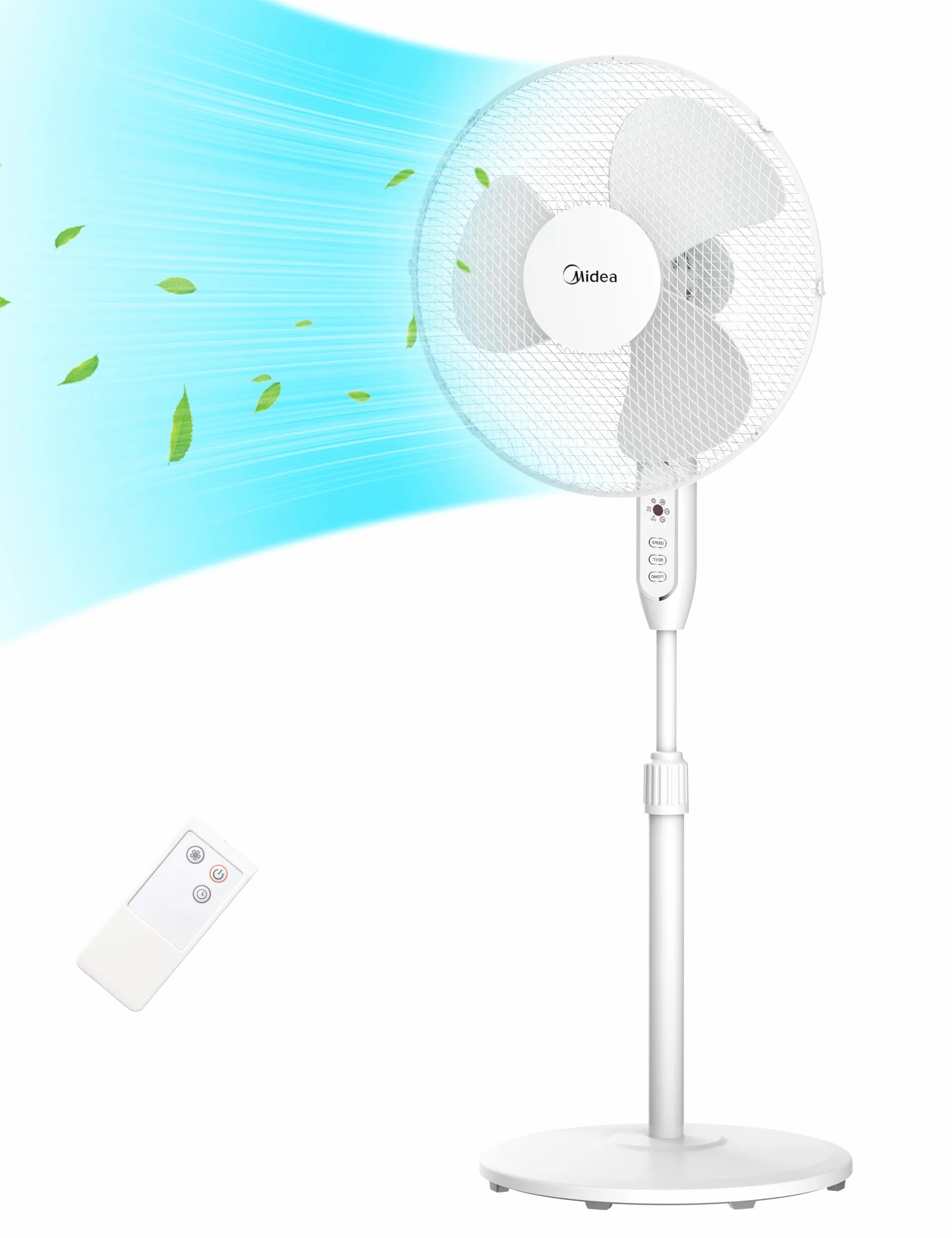 Midea MFS400M0APW0 wentylator podłogowy 40W Regulowana Wysokość Cichy Wentylator Z Pilotem 3 Poziom Prędkości, Oscylacja 85°,Regulowana wysokość od 1,1 do 1,3 metra,Biały