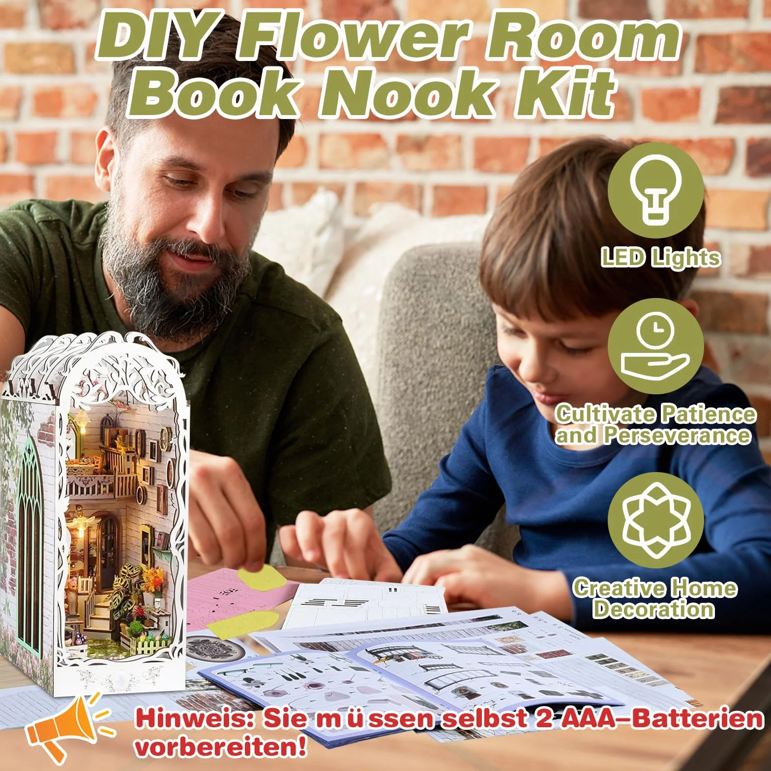 DIY Book Nook Kit: Miniaturowy Domek dla Lalek, Drewniane Puzzle 3D, Podpórka na Książki do Dekoracja Regału, Prezent dla Młodzieży i Dorosłych (z Osłoną Przeciwpyłową i Oświetleniem LED)