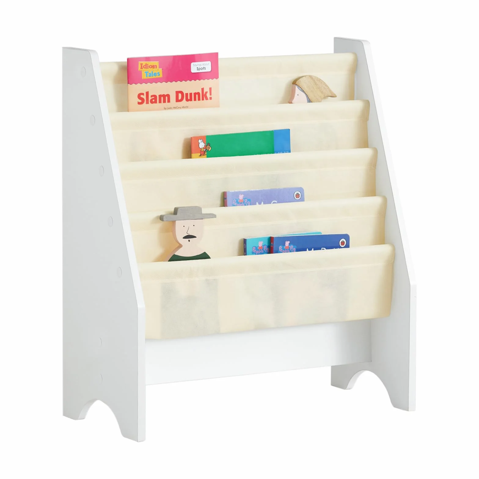 SoBuy Biblioteczka dla Dzieci, Regał na Książki i Leksaki z 4 Tkaninowymi Kieszonkami, Meble do Pokoju Dziecięcego do Organizacji Książek i Zabawek, Biały 62x30x71 cm FRG225-W