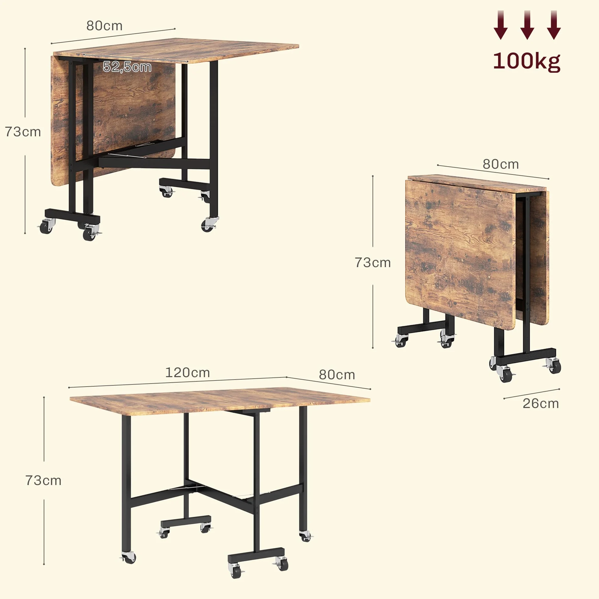 HOMCOM Składany stół kuchenny 120x80x73 cm stalowe nogi 50 kg 4-6 osób