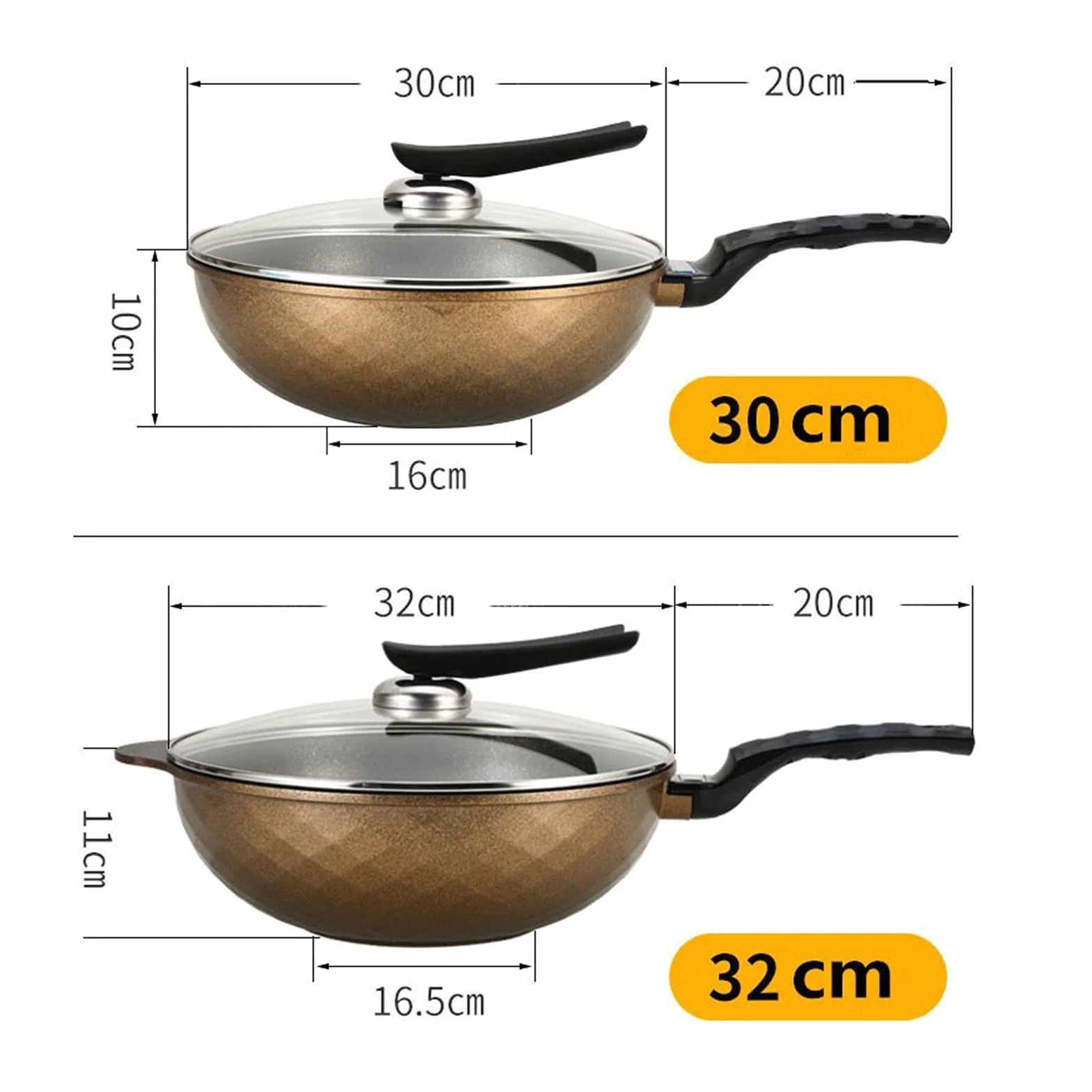 Patelnia woka, nieprzywierająca patelnia indukcyjna z pokrywką, patelnia do mieszania z kutego odlewu aluminiowego, 3-warstwowa powłoka zapobiegająca przywieraniu bez PFOA, granit (złota 30 cm)