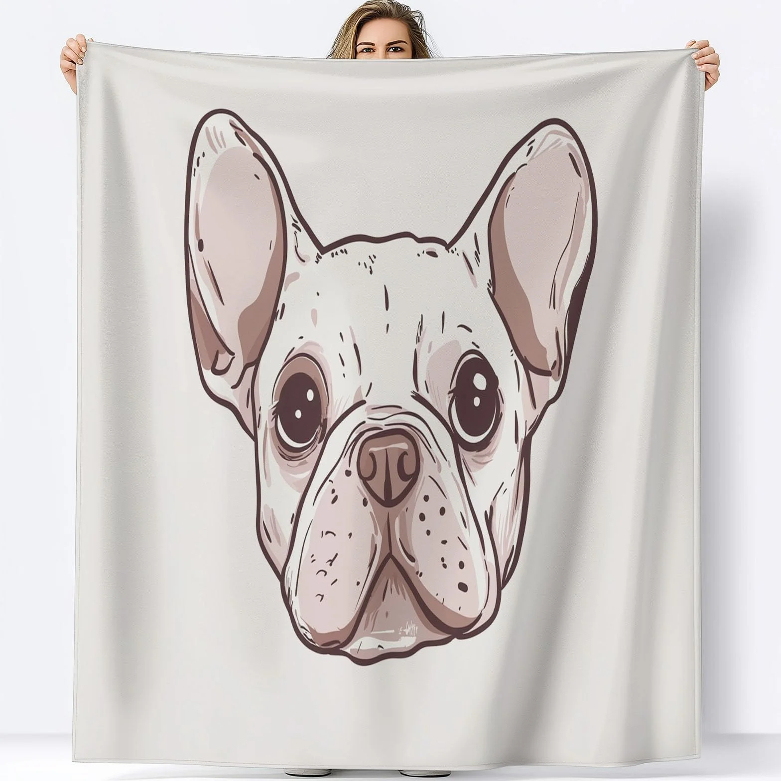 Koc polarowy w linie francuskich buldogów, narzuta na sofę polarową, koc na łóżko 2-osobowe, gruby miękki i ciepły, wysokiej jakości pled 220 x 240 cm Biały