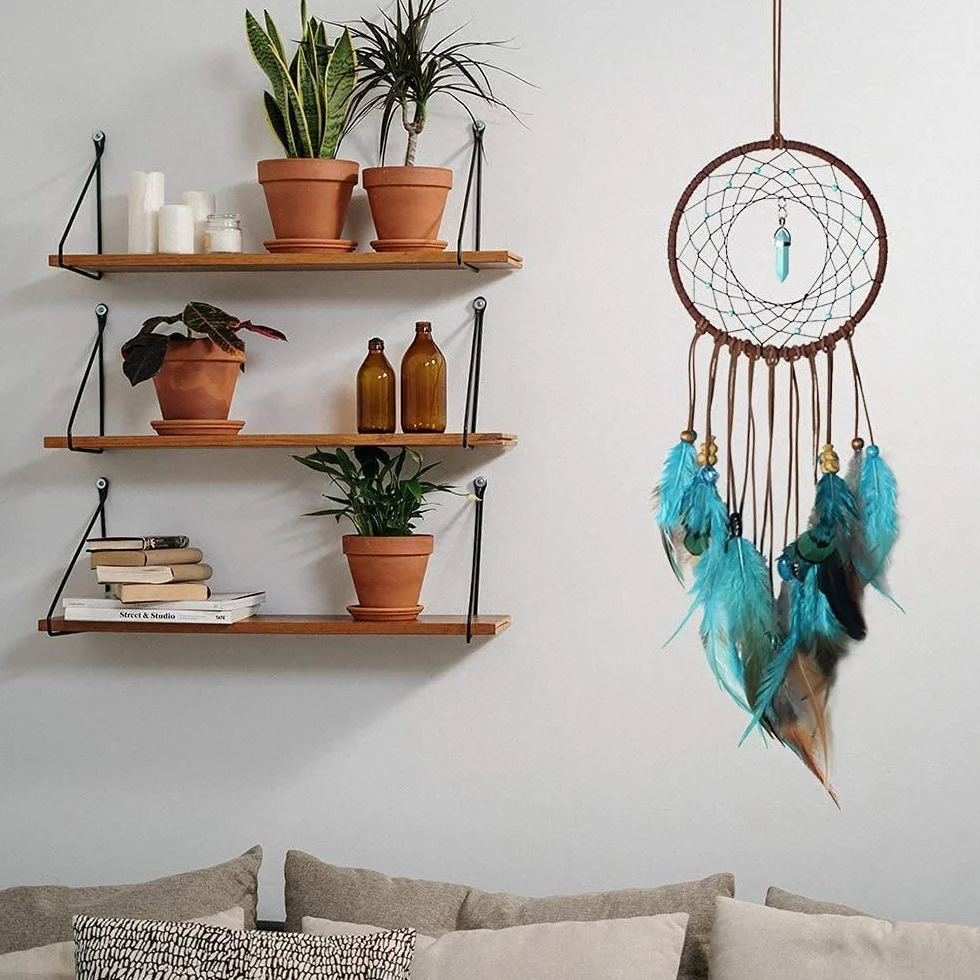 Dreamcatcher ręcznie robione, łapacz snów ozdoby dla dzieci indyjskie niebieskie pióra łapacze na ścianę sztuka i rzemiosło akcesoria domowe wisiorki