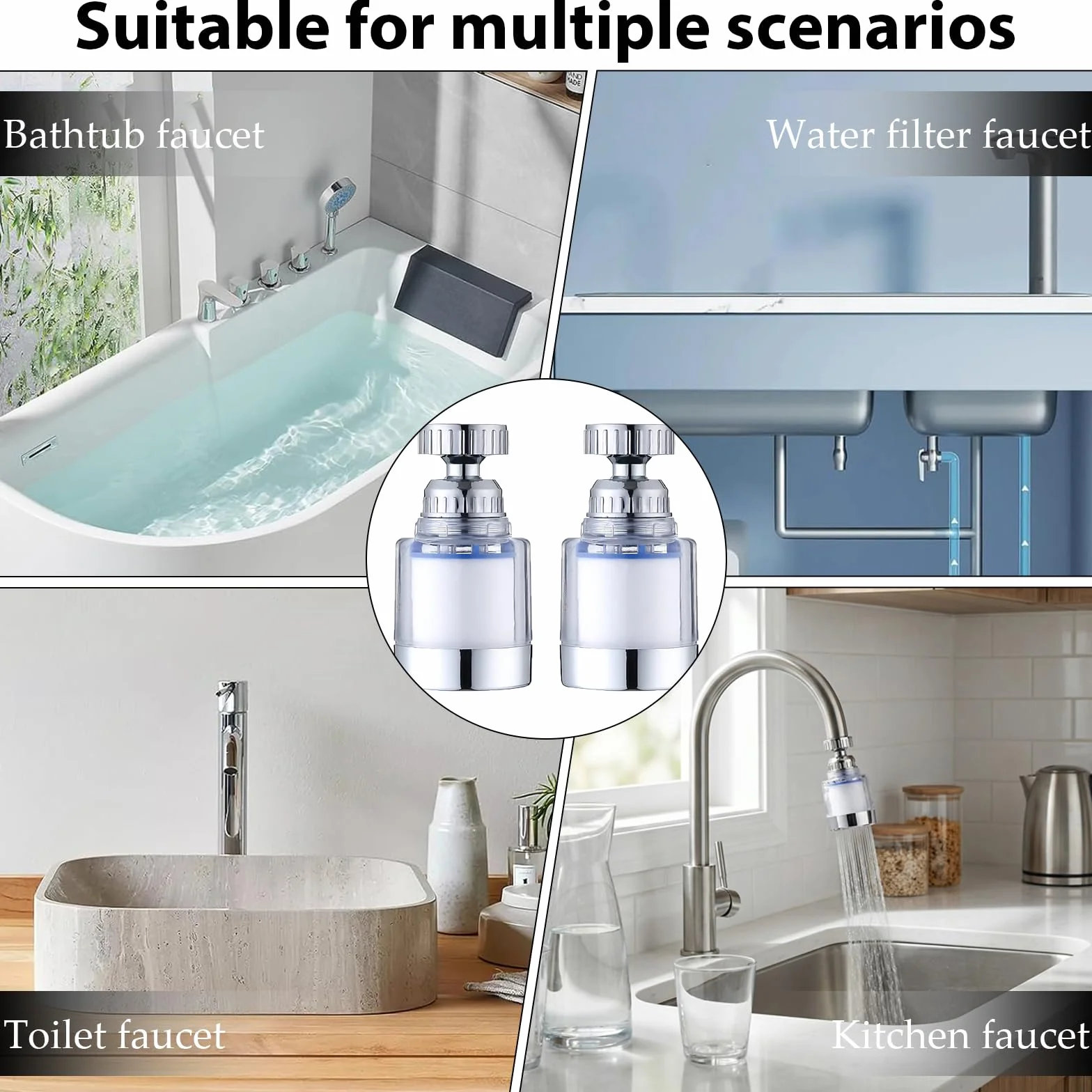 Filtr do wody, kran, 2 sztuki, filtr 360°, z 10 wymiennymi filtrami i uniwersalnym adapterem, kran do odkamieniacza, nasadka do kuchni, łazienki, zlewu