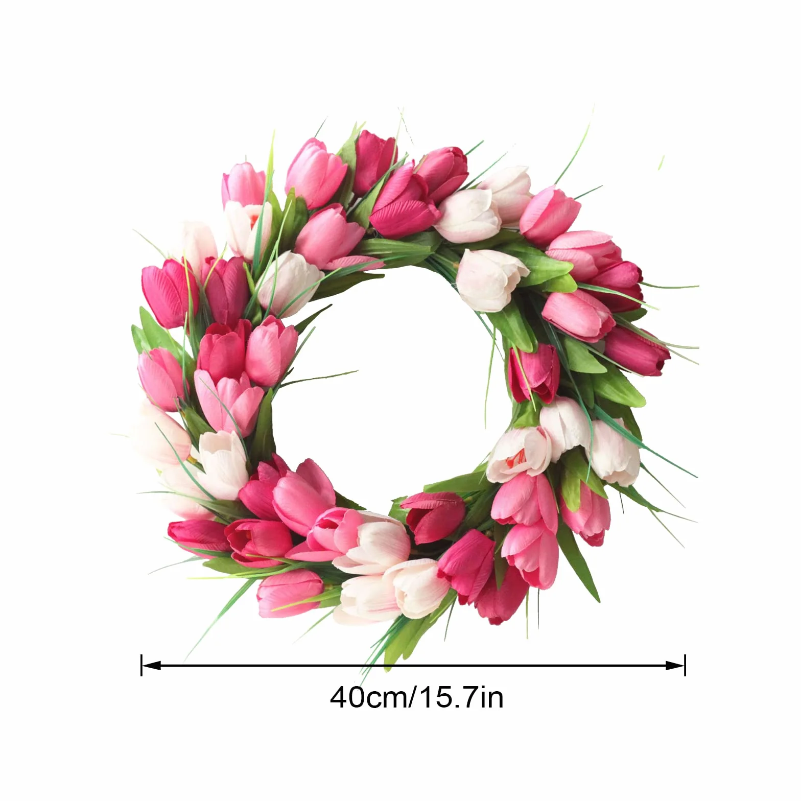 40 cm sztuczny wieniec z tulipanami, jedwabny wieniec kwiatowy z zielonymi liśćmi, wiosenny wieniec na drzwi wejściowe, ścianę, okno, dekoracja ślubna, przyjęcie, biuro, dom